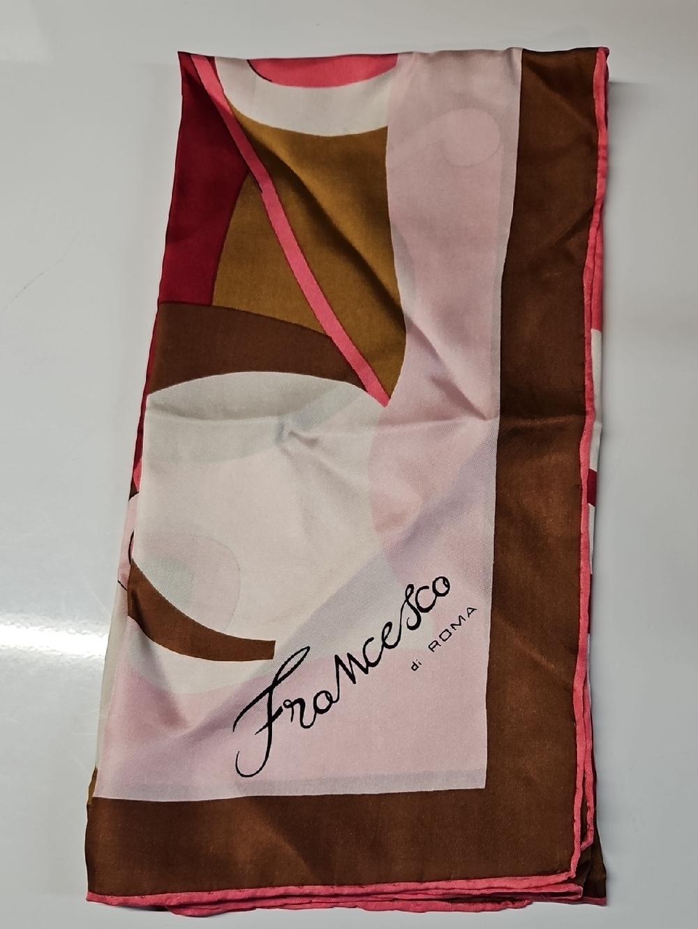 Francesco di Roma Pink & Brown Abstract Silk Scarf 30" X 30"